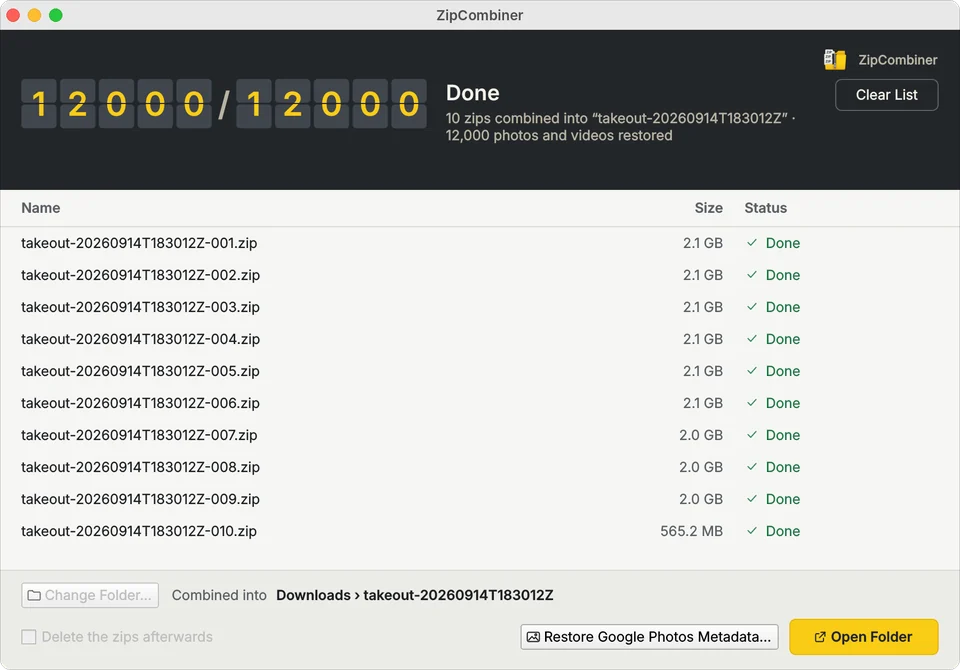ZipCombiner finished: ten zips combined into one folder and 12,000 photos and videos restored