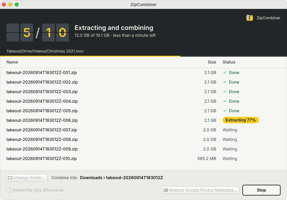 ZipCombiner extracting zip 6 of 10, with five done and the time left